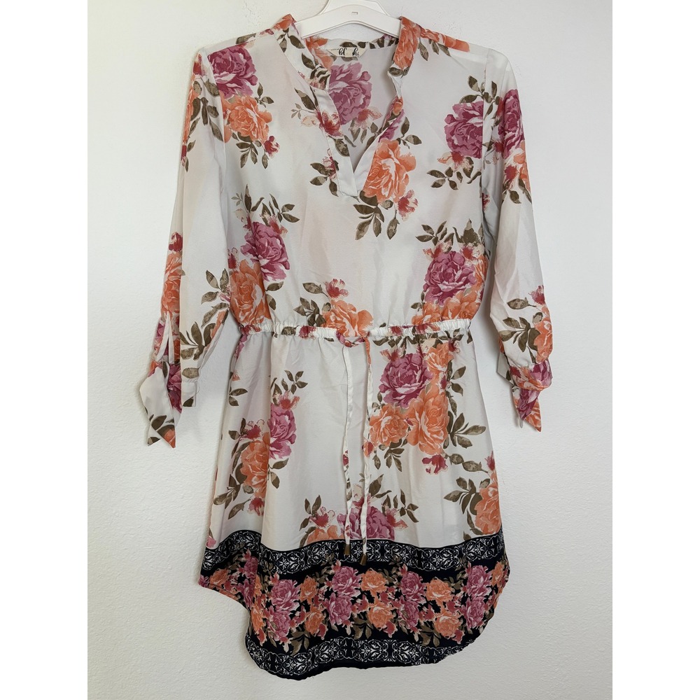Hint of Blush Floral Mini Dress 3/4 Tie Sleeve Elastic Waist White Pink Large